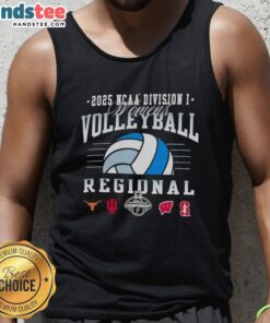 Alt Text: 2025 NCAA Division I Women's Volleyball Regional tank top featuring Longhorns, Hoosiers, Wisconsin, and Stanford logos.