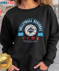 2025 NCAA Division I Women's Volleyball Regional sweatshirt featuring Longhorns, Hoosiers, Wisconsin, and Stanford logos.