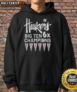 Alt Text: 2025 Nice Nebraska Cornhuskers Volleyball Big Ten 6x Champions hoodie in red with team logo and championship details.