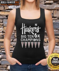 Alt Text: 2025 Nice Nebraska Cornhuskers Volleyball Big Ten 6x Champions tank top in red with team logo and celebratory design.