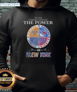 Alt Text: Stylish hoodie featuring a mashup logo of New York Knicks, Rangers, Yankees, and Giantsperfect for sports fans.