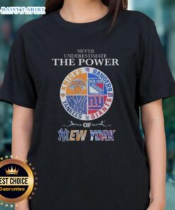 Alt Text: Stylish ladies tee featuring a mashup logo of New York Knicks, Rangers, Yankees, and Giants.