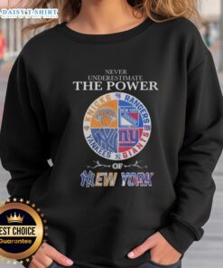 Stylish sweatshirt featuring a mashup logo of New York Knicks, Rangers, Yankees, and Giants for sports fans.