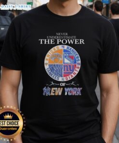 Alt Text: Nice Never Underestimate The Power T-Shirt featuring New York Knicks, Rangers, Yankees, Giants mashup logo design.