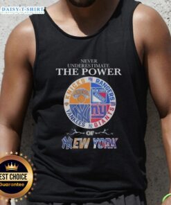 Stylish tank top featuring a mashup logo of New York Knicks, Rangers, Yankees, and Giants, perfect for sports fans.