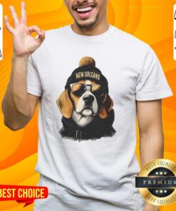 Alt Text: New Orleans Saints mascot sporting a beanie and sunglasses on a fun T-shirt, showcasing team spirit and style.