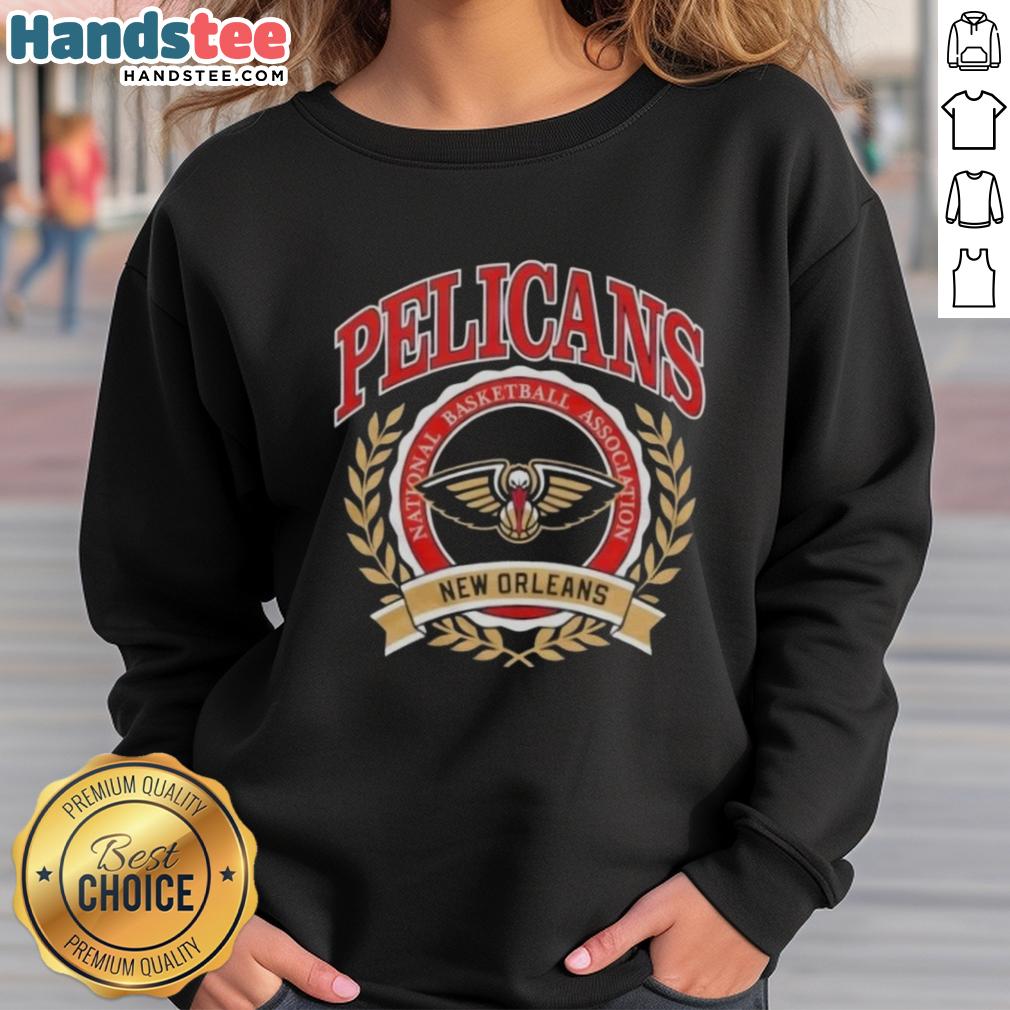 nice-new-orleans-pelicans-national-basketball-association-crest-sweatshirt Alt Text: Nice New Orleans Pelicans National Basketball Association crest sweatshirt featuring team colors and logo.