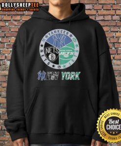 Alt Text: Stylish hoodie featuring a mashup logo of New York Jets, Nets, and Yankees for sports fans.