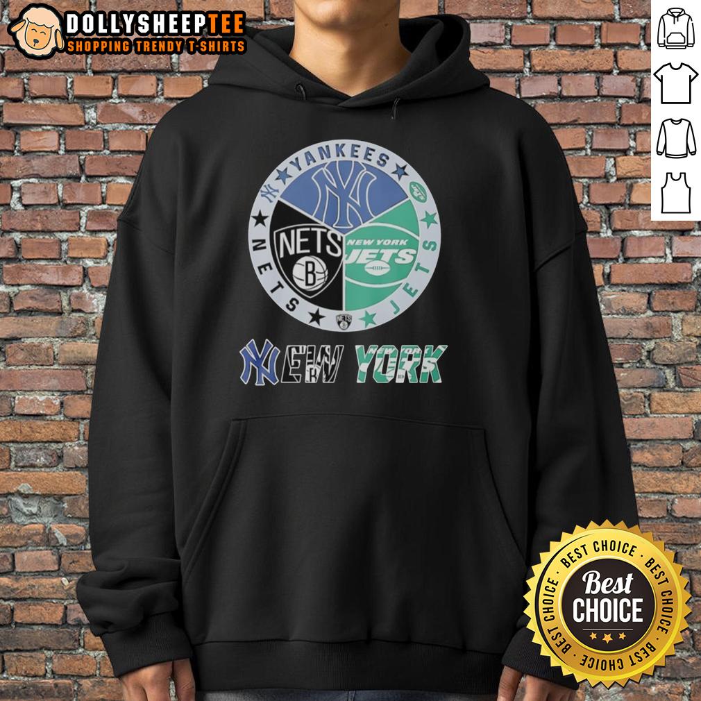 Nice New York Jets New York Nets New York Yankees Mashup Logo Hoodie Alt Text: Stylish hoodie featuring a mashup logo of New York Jets, Nets, and Yankees for sports fans.