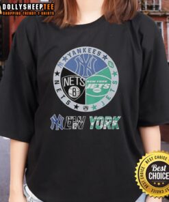 Stylish mashup logo tee featuring New York Jets, Nets, and Yankees for ladies, perfect for sports fans and casual wear.