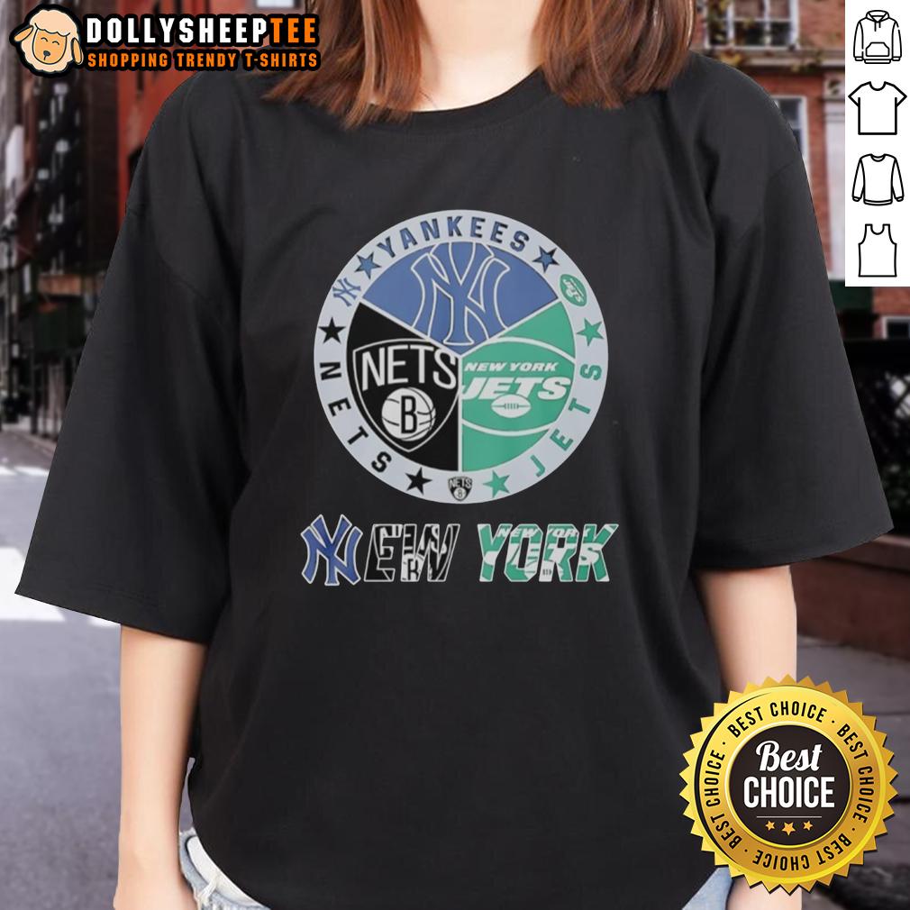 Nice New York Jets New York Nets New York Yankees Mashup Logo Ladies Tee Stylish mashup logo tee featuring New York Jets, Nets, and Yankees for ladies, perfect for sports fans and casual wear.