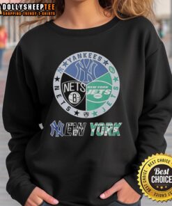 Stylish sweatshirt featuring a mashup logo of New York Jets, Nets, and Yankees for sports fans.