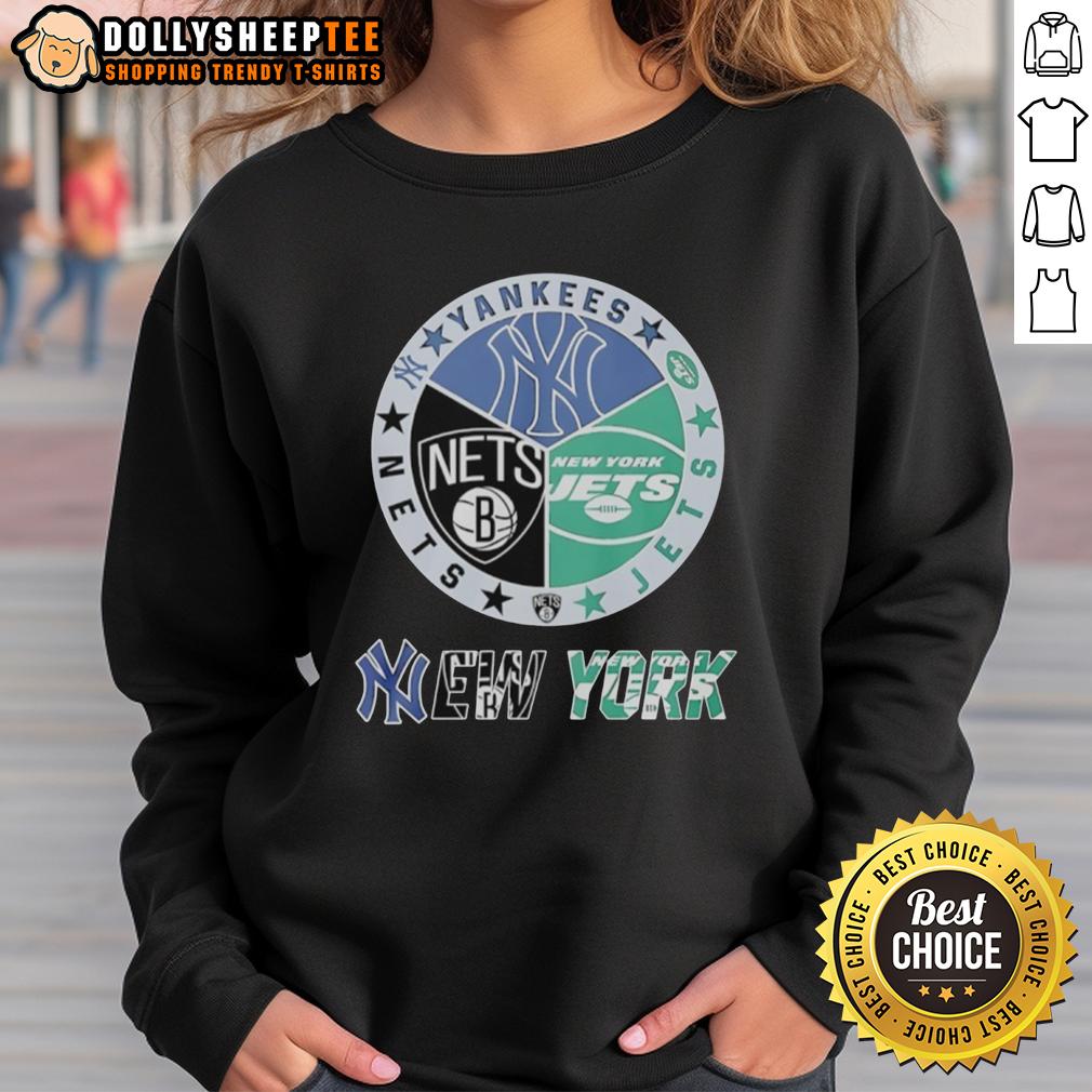 Nice New York Jets New York Nets New York Yankees Mashup Logo Sweatshirt Stylish sweatshirt featuring a mashup logo of New York Jets, Nets, and Yankees for sports fans.