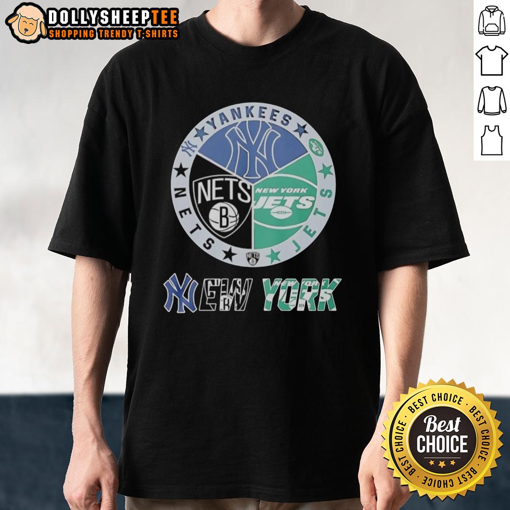 Nice New York Jets New York Nets New York Yankees Mashup Logo T Shirt Alt Text: Nice New York Jets, Nets, and Yankees mashup logo T-shirt showcasing team spirit and unique design.