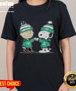 Nice New York Jets Snoopy and Charlie Brown Best Friends Ladies Tee featuring iconic cartoon characters in team colors.