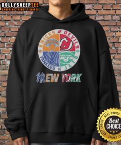 Nice New York Knicks New Jersey Devils Yankees Jets Mashup Logo Hoodie showcasing iconic sports team designs.