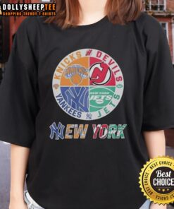 Stylish mashup logo tee featuring New York Knicks, New Jersey Devils, Yankees, and Jets for ladies' sportswear.
