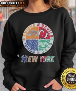 New York Knicks, New Jersey Devils, Yankees, Jets mashup logo sweatshirt showcasing iconic NYC sports teams.