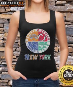 Alt Text: Mashup logo tank top featuring New York Knicks, New Jersey Devils, Yankees, and Jets designs.