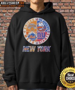 Stylish hoodie featuring a mashup logo of New York Knicks, Islanders, Mets, and Giants for sports fans.