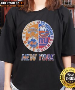 Stylish mashup logo tee featuring New York Knicks, Islanders, Mets, and Giants for ladies' sports fans.