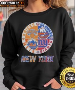 Alt Text: Stylish sweatshirt featuring a mashup logo of New York Knicks, Islanders, Mets, and Giants for sports fans.