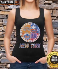 Alt Text: Stylish tank top featuring a mashup logo of New York Knicks, Islanders, Mets, and Giants for sports fans.