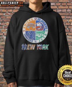 New York Knicks, Islanders, Yankees, and Jets mashup logo hoodie showcasing iconic NYC sports teams.