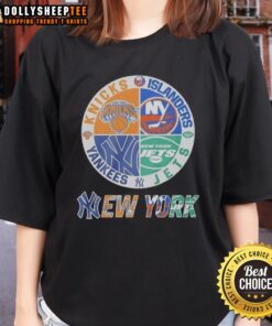Alt Text: Ladies tee featuring a mashup logo of New York Knicks, Islanders, Yankees, and Jets for sports fans.