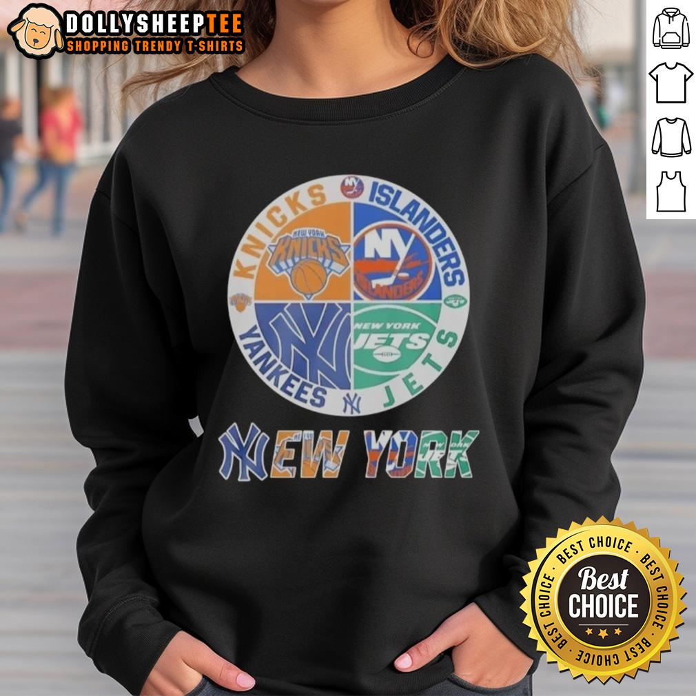 Nice New York Knicks New York Islanders New York Yankees And New York Jets Mashup Logo Sweatshirt Alt Text: Cozy sweatshirt featuring a mashup logo of the New York Knicks, Islanders, Yankees, and Jets for sports fans.
