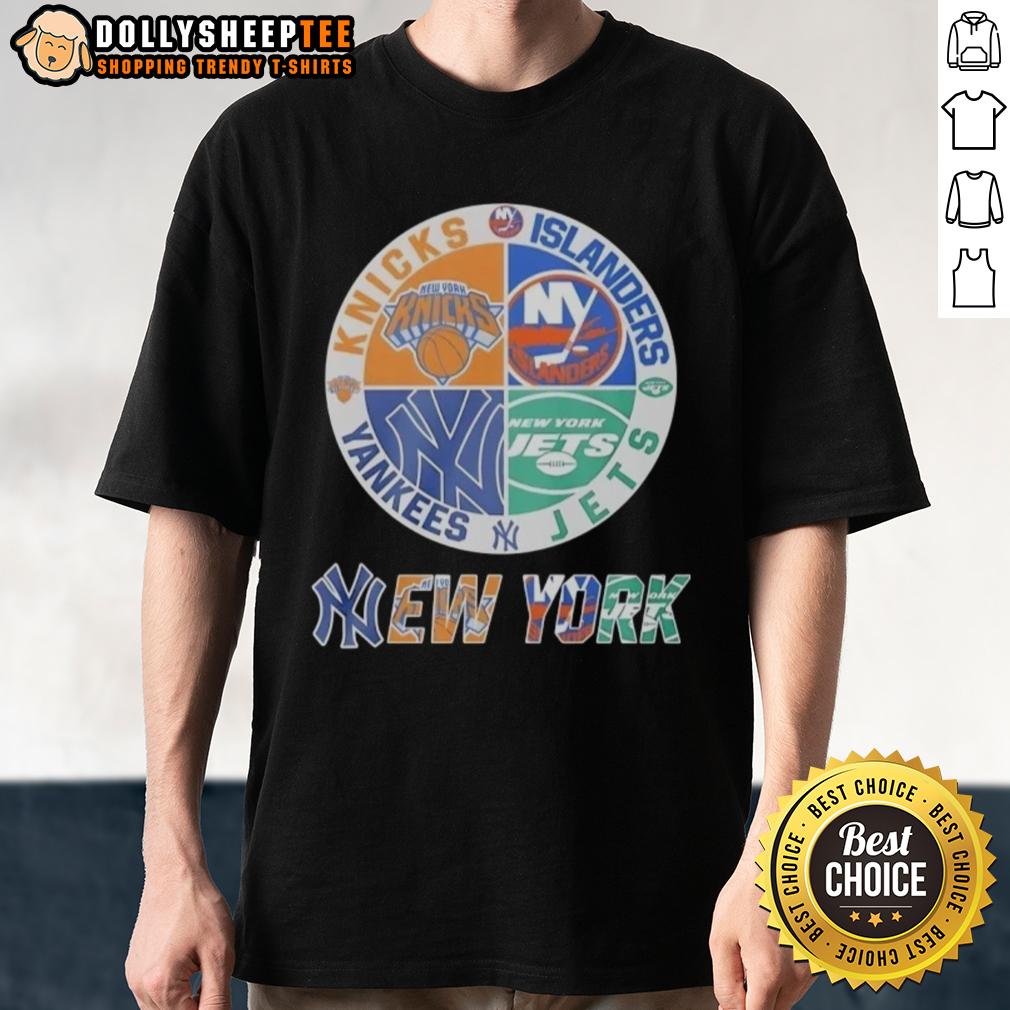 Nice New York Knicks New York Islanders New York Yankees And New York Jets Mashup Logo T-Shirt Alt Text: Stylish New York Knicks, Islanders, Yankees, and Jets mashup logo T-shirt for sports fans