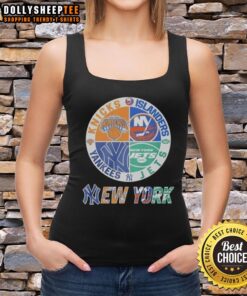 Alt Text: Mashup logo tank top featuring New York Knicks, Islanders, Yankees, and Jets team designs in vibrant colors.