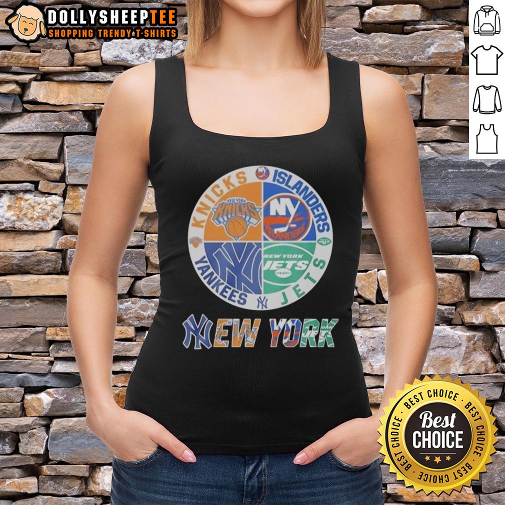 Nice New York Knicks New York Islanders New York Yankees And New York Jets Mashup Logo Tank Top Alt Text: Mashup logo tank top featuring New York Knicks, Islanders, Yankees, and Jets team designs in vibrant colors.