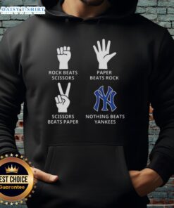 Alt Text: Stylish New York Yankees hoodie featuring 'Nothing Beats Rock, Paper, Scissors' design for fans.