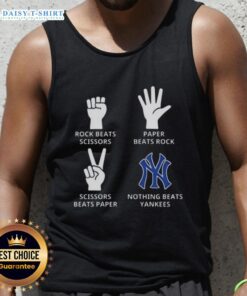 NY Yankees tank top featuring a fun 'Rock, Paper, Scissors' graphic, perfect for baseball fans and casual wear.