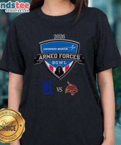 2026 Lockheed Martin Armed Forces Bowl matchup ladies tee featuring Rice Owls vs Texas State Bobcats design.