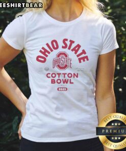 Ohio State Buckeyes women's tee for the 2025 Allstate Sugar Bowl CFP in Arlington, Texas, showcasing team spirit.