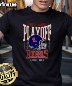 Alt Text: Ole Miss Rebels 2025-2026 College Football Playoff Bound helmet t-shirt featuring team colors and logo design.