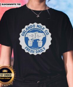 Nice Orlando Milk Co. 100% Organic logo on a ladies tee, imported from Germany for fresh daily quality.