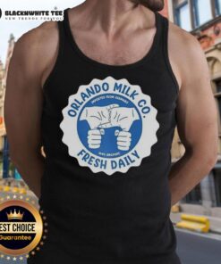 Nice Orlando Milk Co. Fresh Daily tank top featuring 100% organic logo, imported from Germany, perfect for eco-conscious consumers.