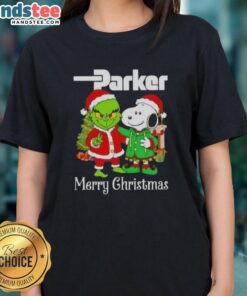 Nice Parker Hannifin X Grinch and Snoopy Merry Christmas ladies tee featuring festive graphics for the holiday season.