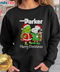 Alt Text: Festive 'Nice Parker Hannifin X Grinch and Snoopy Merry Christmas Sweatshirt' featuring colorful holiday graphics.