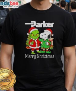 Alt Text: Nice Parker Hannifin X Grinch and Snoopy Merry Christmas T-Shirt featuring festive designs for holiday spirit.