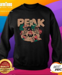 Happy campers wearing Nice Peak sweatshirt, enjoying nature and outdoor adventures in a vibrant forest setting.