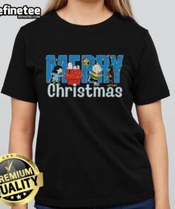 Alt Text: Nice Peanuts Snoopy and Friends Merry Christmas Lights Graphic on a Ladies Tee, perfect holiday apparel.