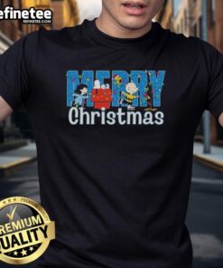 Nice Peanuts Snoopy and Friends Merry Christmas graphic T-shirt featuring colorful holiday lights and festive design.