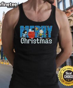Nice Peanuts Snoopy and Friends Merry Christmas lights graphic tank top design perfect for holiday festive wear.
