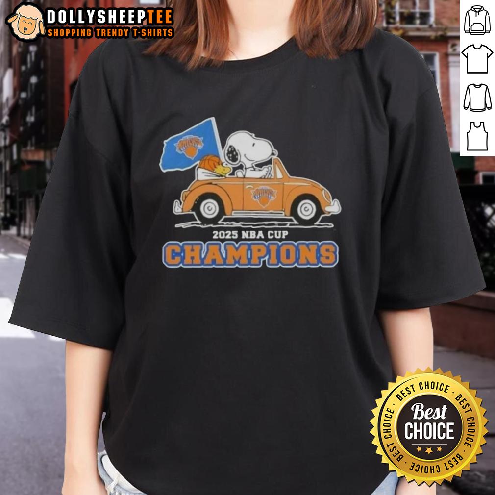 Nice Peanuts Snoopy Driving Car 2025 Nba Cup Champions New York Knicks Ladies-Tee Alt Text: Cute Snoopy driving a car on a New York Knicks ladies tee celebrating the 2025 NBA Cup Champions.