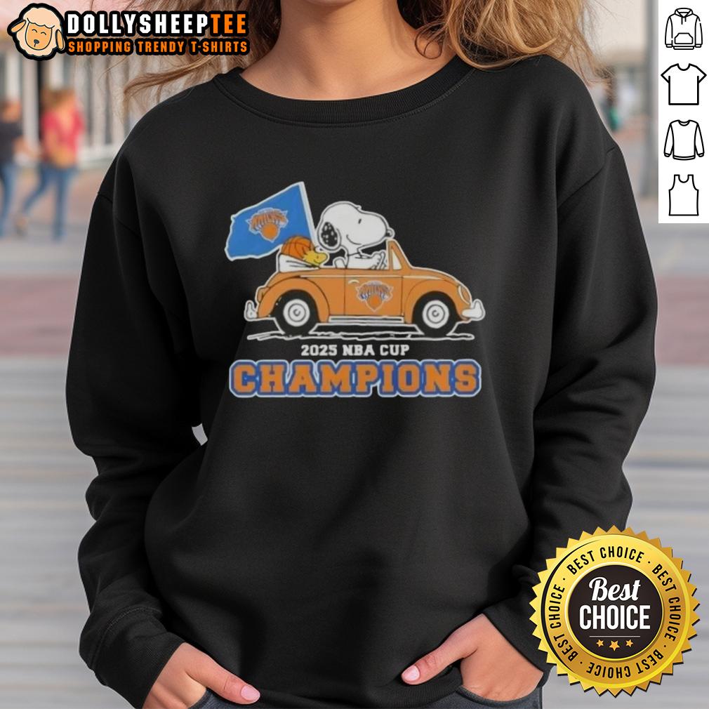 Nice Peanuts Snoopy Driving Car 2025 Nba Cup Champions New York Knicks Sweatshirt Nice Peanuts Snoopy driving car sweatshirt celebrating 2025 NBA Cup Champions New York Knicks.