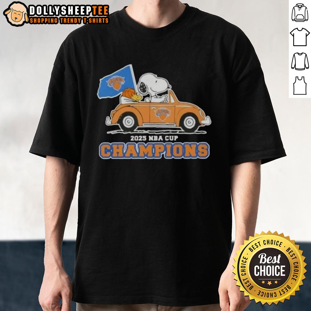 Nice Peanuts Snoopy Driving Car 2025 Nba Cup Champions New York Knicks T Shirt Nice Peanuts Snoopy driving a car on a New York Knicks T-shirt celebrating 2025 NBA Cup Champions.